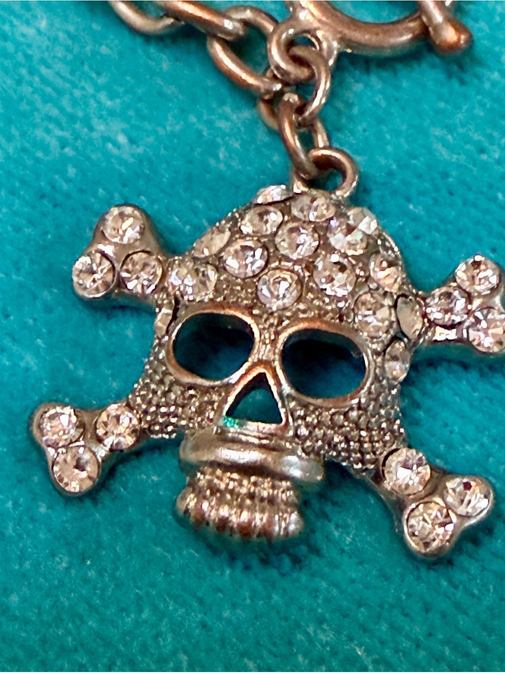 Gothic Crystal Skull and Crossbones Charm Bracelet - Silver Tone/ Halloween